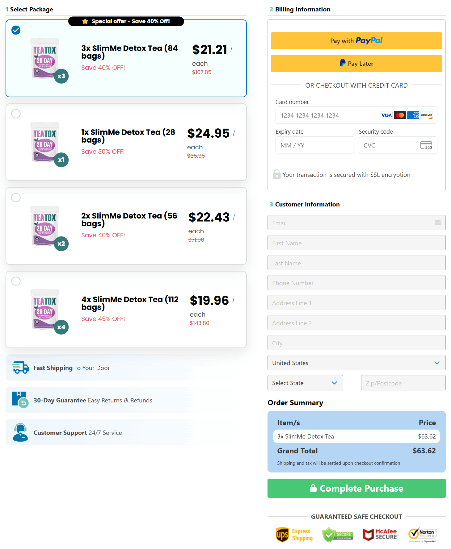SlimMe Detox Tea checkout page
